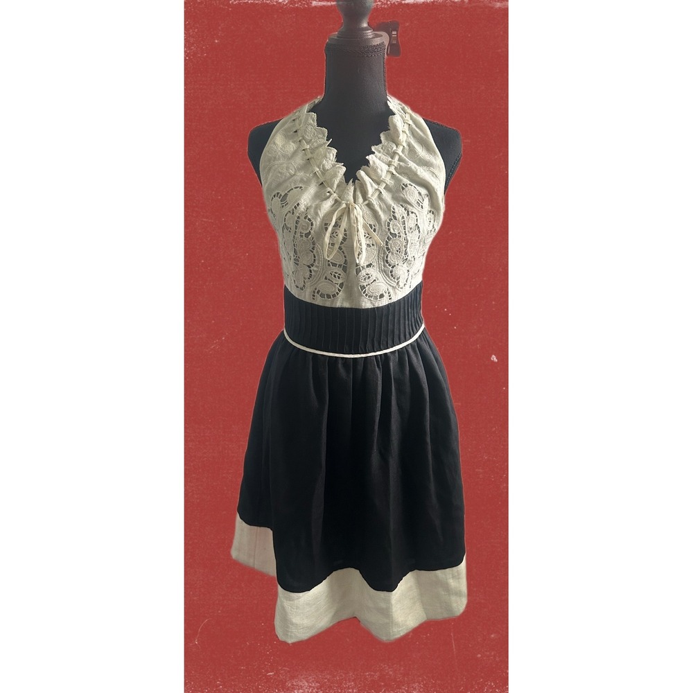 Aryn K Women Black Ivory Lace Halter Neck Smocked Back Dress BD-8064-T Small